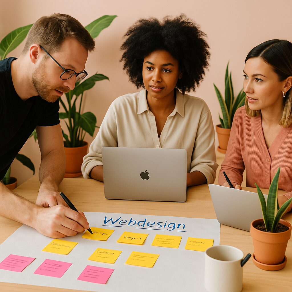 Verschiedene Team-Mitglieder in einer Brainstorming-Session zum Thema Webdesign