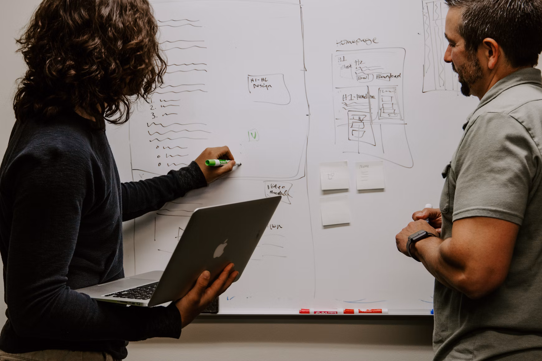 Besprechung am Whiteboard mit Wireframes/Skizzen für ein individuelles Design.