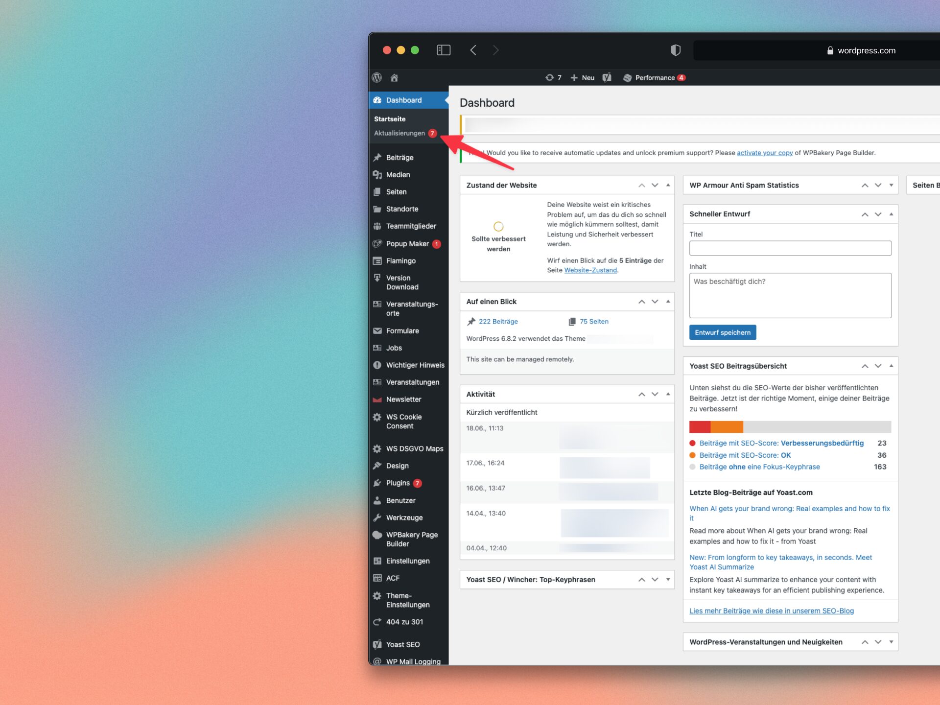 Screenshot - Ausstehende Updates im WordPress Dashboard
