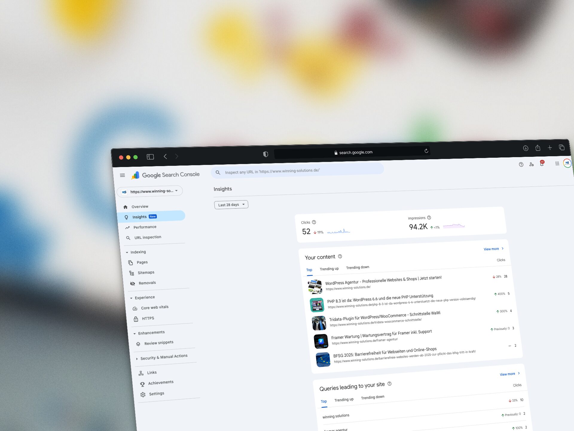 Screenshot - Google Search Console mit Insights von Aktivitäten