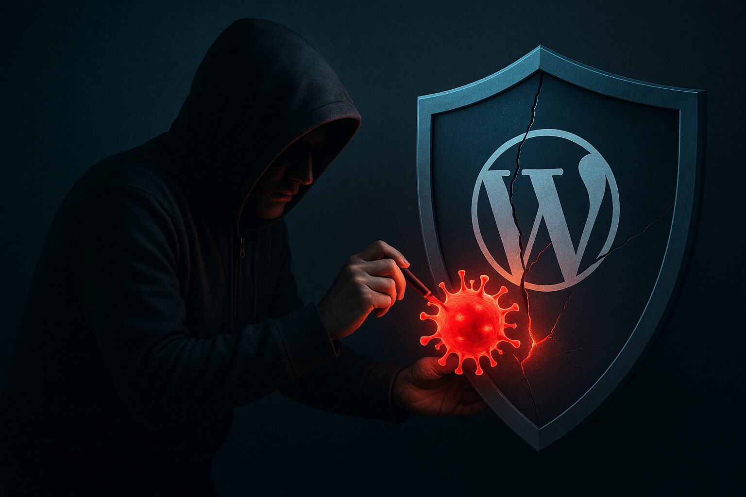 Ein stilisiertes Symbolbild, das einen Hacker in Form einer dunklen Kapuzenfigur zeigt, der einen roten, leuchtenden Computervirus in eine Schwachstelle eines digitalen Schutzschildes mit einem WordPress-Logo einfügt.