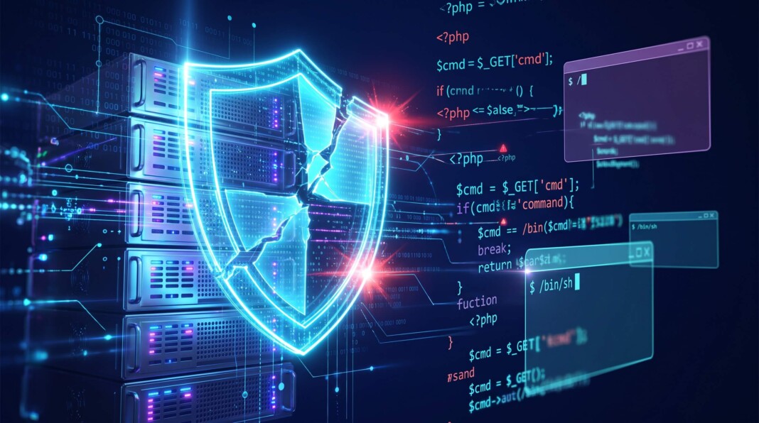 Leuchtendes Schutzschild vor einem Hintergrund mit Programmcode