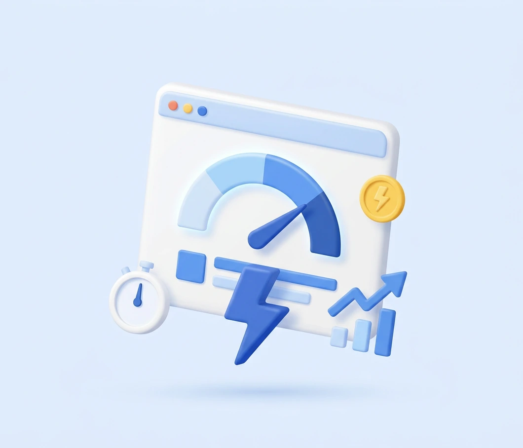 Browserfenster mit Tachometer, Blitz und Stoppuhr