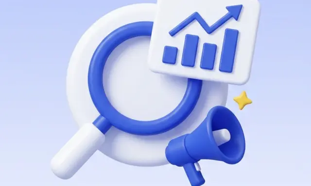 3D-Illustration einer Lupe mit Statistik-Diagramm und Megafon für SEO, SEA und digitales Marketing