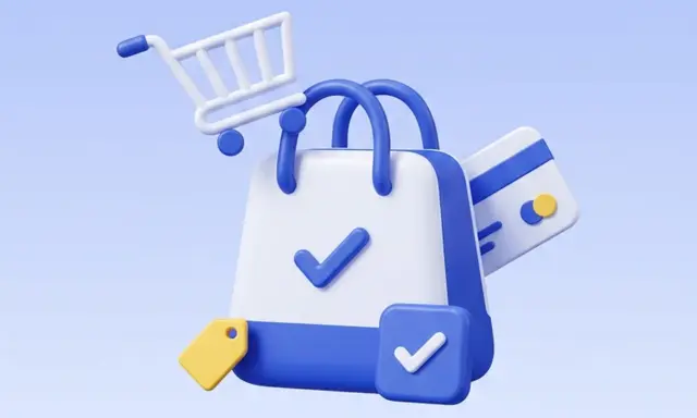 3D-Illustration einer Einkaufstasche mit Warenkorb, Kreditkarte und Preisschild für WooCommerce Webshops und E-Commerce
