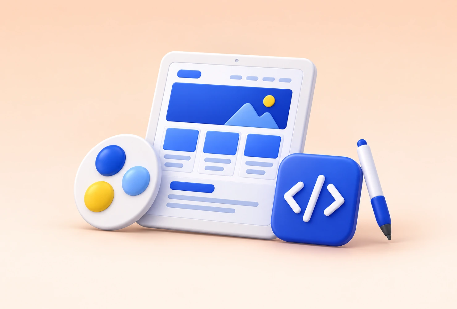 3D-Illustration eines Tablets mit Website-Layout, Farbpalette, Code-Symbol und Stift für Design und Entwicklung einer WordPress Website