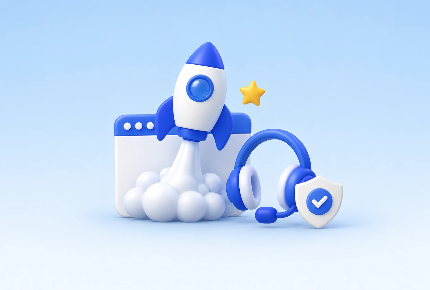 3D-Illustration einer Rakete, die aus einem Browserfenster startet, mit Headset und Schutzschild für Launch und laufende Betreuung