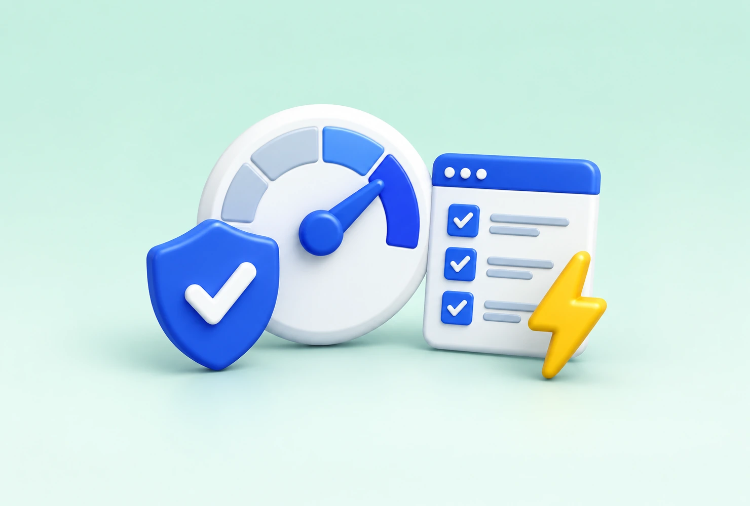 3D-Illustration eines Tachometers mit Schutzschild, Checkliste und Blitz für Testing, Sicherheit und Performance-Optimierung