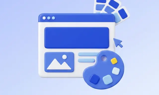 3D-Illustration eines Browserfensters mit Farbpalette, Farbfächer und Mauszeiger für WordPress Webdesign und Branding